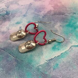 Handmade Silver Tone Baseball Cap Hat Charm Pink Heart Hook Earrings